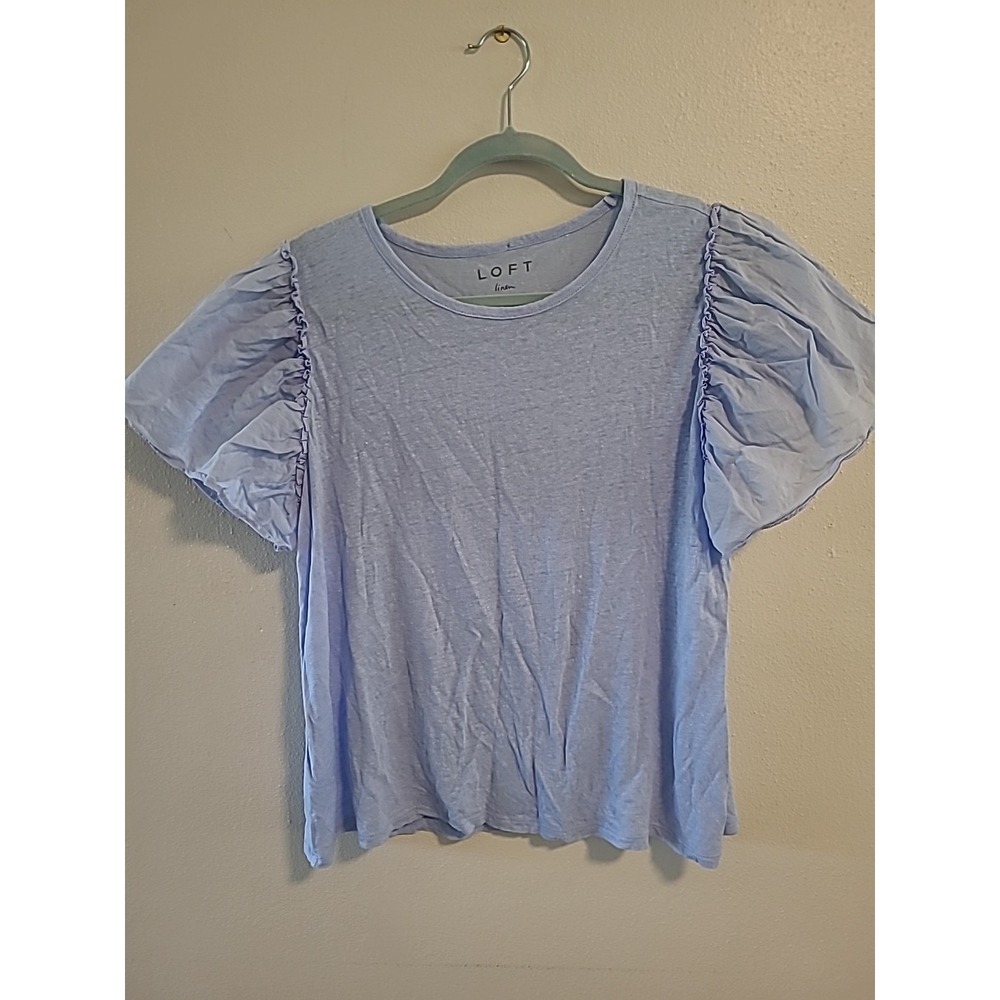 Loft Womens Large Linen Ruffle Sleeve Light Blue Top